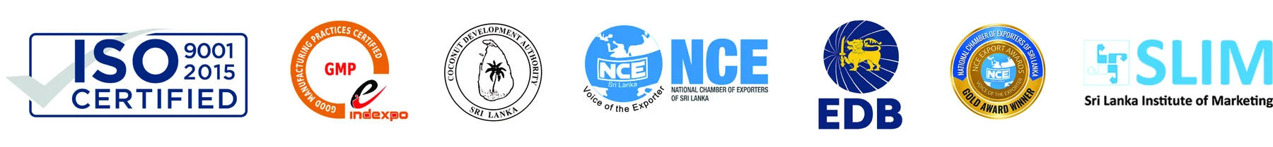 Certification and membership marks displayed by Go Green Exports, including ISO 9001:2015, GMP, NCE, Sri Lanka Export Development Board and SLIM