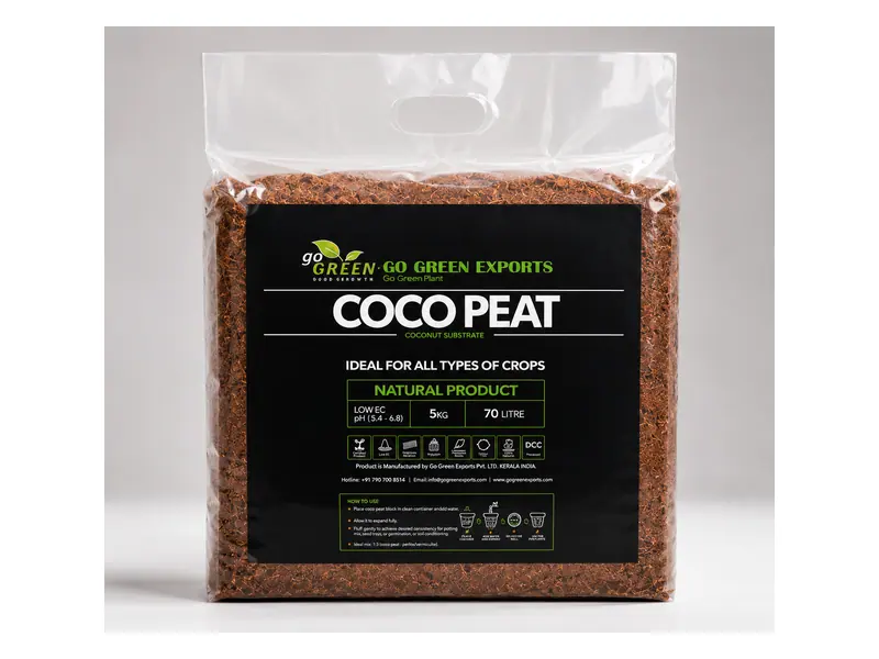 Go Green Exports compressed coco peat block in printed export packaging, showing the 5 kg / 70 litre specification panel