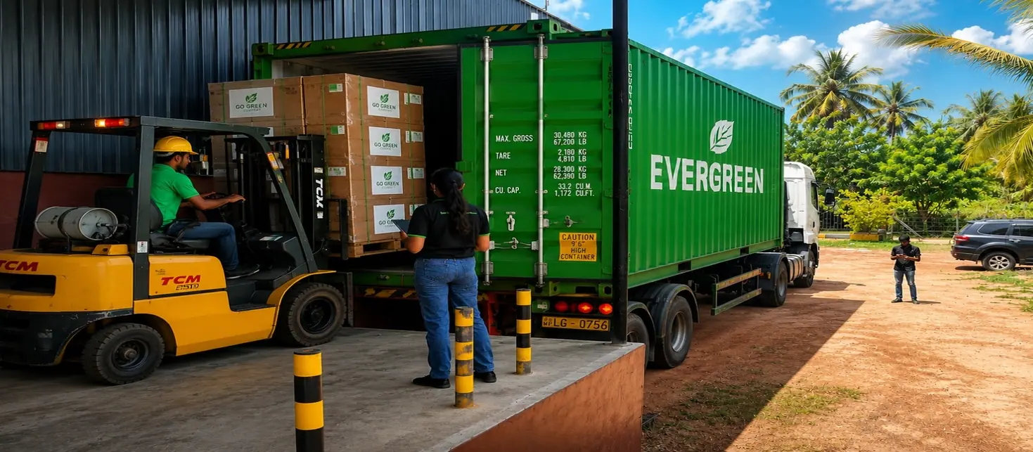 Forklift loading pallets of printed Go Green Cocopeat cartons into a shipping container while a member of staff checks the loading list