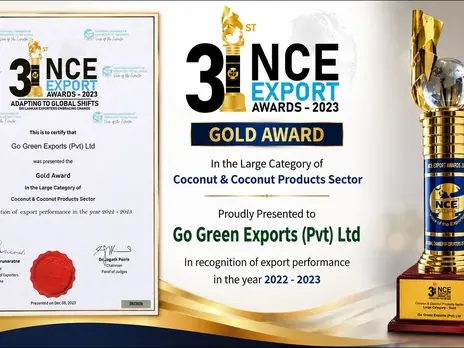 NCE Export Awards 2023 Gold Award certificate and trophy presented to Go Green Exports (Pvt) Ltd in the Large Category of the Coconut and Coconut Products Sector